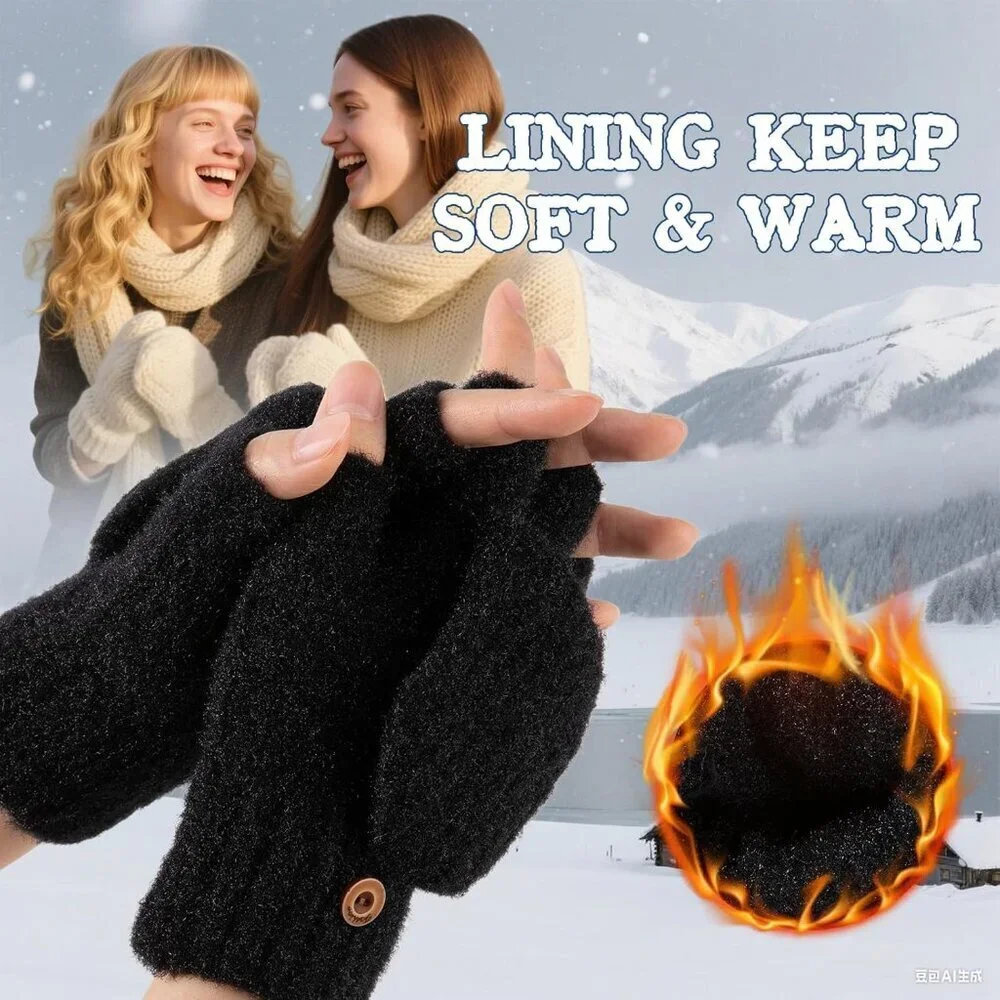 Women's Winter Warm Mittens Knitted Black Gloves Fingerless Button Closure